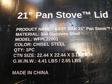 East Oak Pan Stove Lid WFPL22001 - NEW Open Box