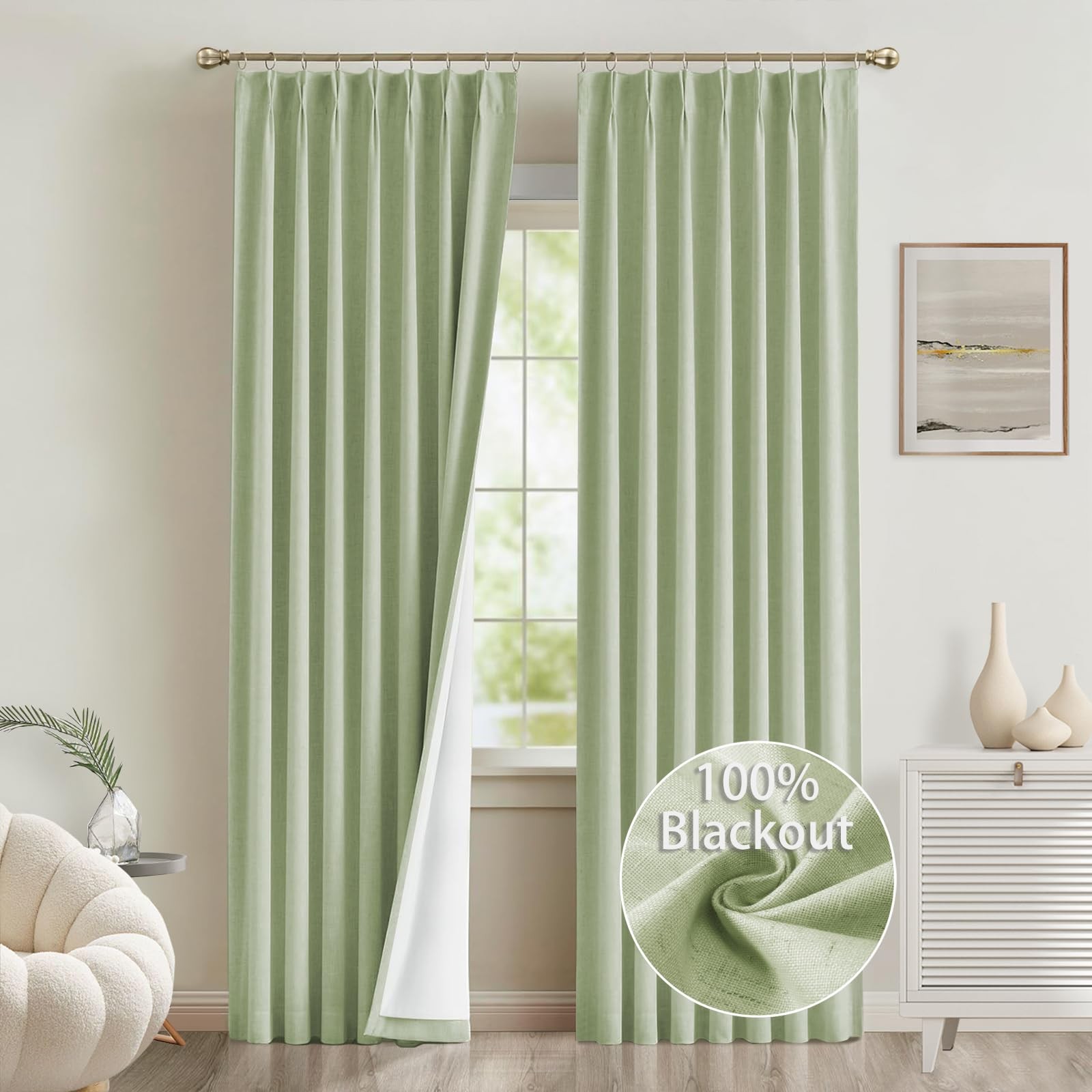 Green Linen Pinch Pleated Curtains 84 Inch Length 2 Panels 100% Blackout Line...