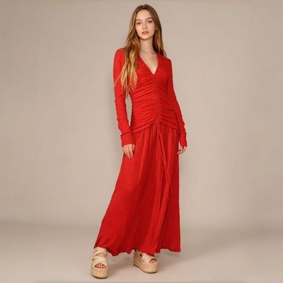 chinese dress ladies Red Maxi Floral Long Sleeve Mini Dress  FARM Rio