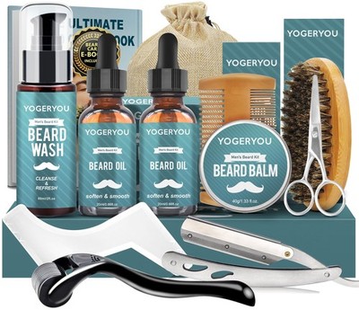Beard Kit,Beard Grooming Kit W/Straight Razor,2 PACK Beard Oil,Beard Wash,Bal...