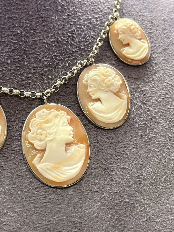 Collana In Argento 925 Con Cammei In Conchiglia Corniola 30/25/20mm Ovali - Immagine 4 di 4