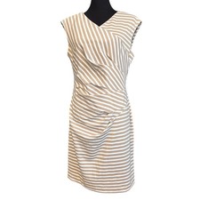 Calvin Klein Tan & White Striped,Sleeveless, Side Pleated Sheath Dress, Size 12