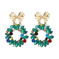 Fashion Christmas Wreath Earrings for Holiday Party, Marquise Rhinestone Faux Pe