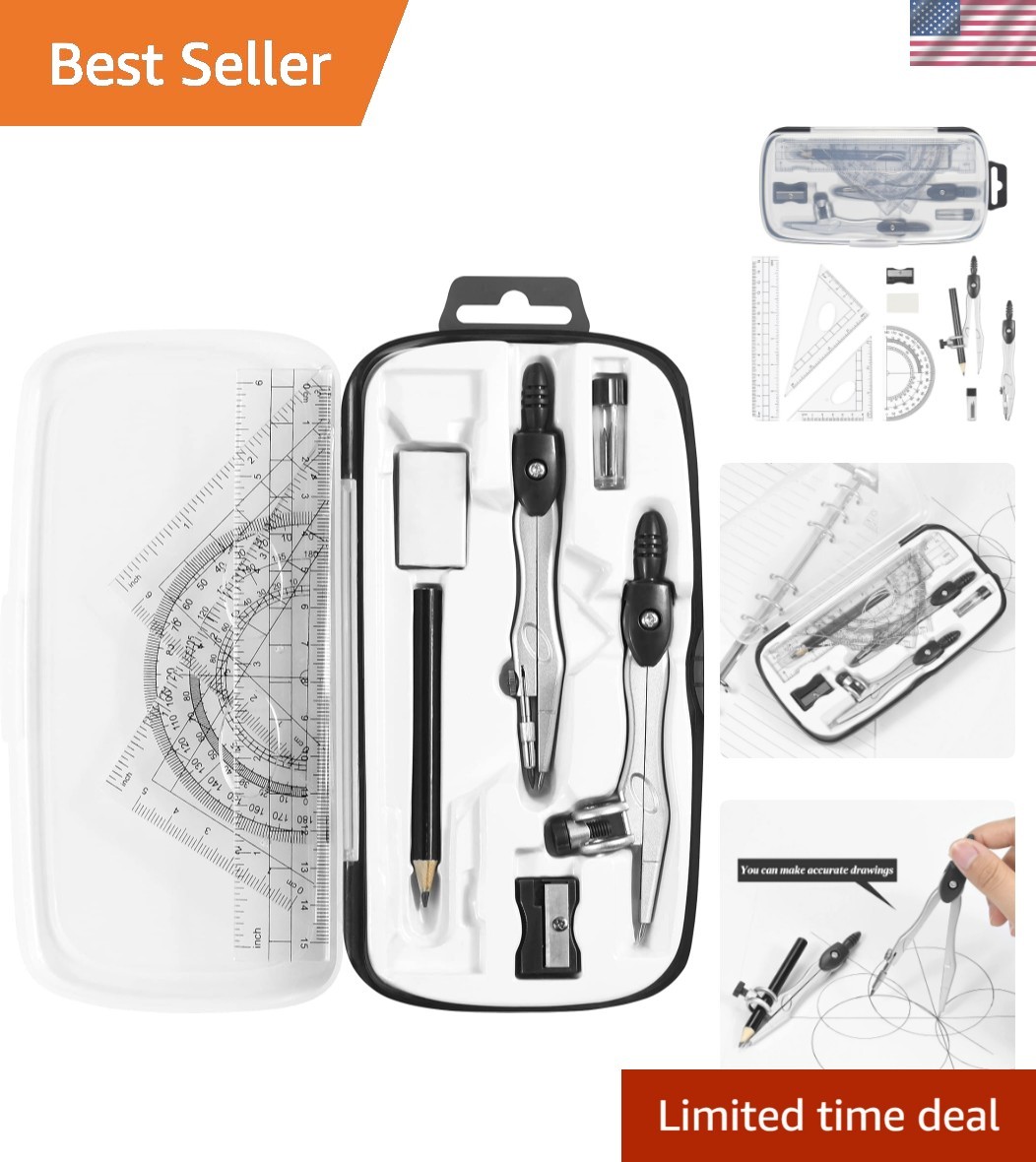 Math Geometry Kit Sets 10 Piece Student Supplies With Shatterproof Storage Bo...