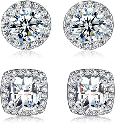 18K White Gold Plated round Square Cubic Zirconia Simulated Diamond Halo Stud Ea