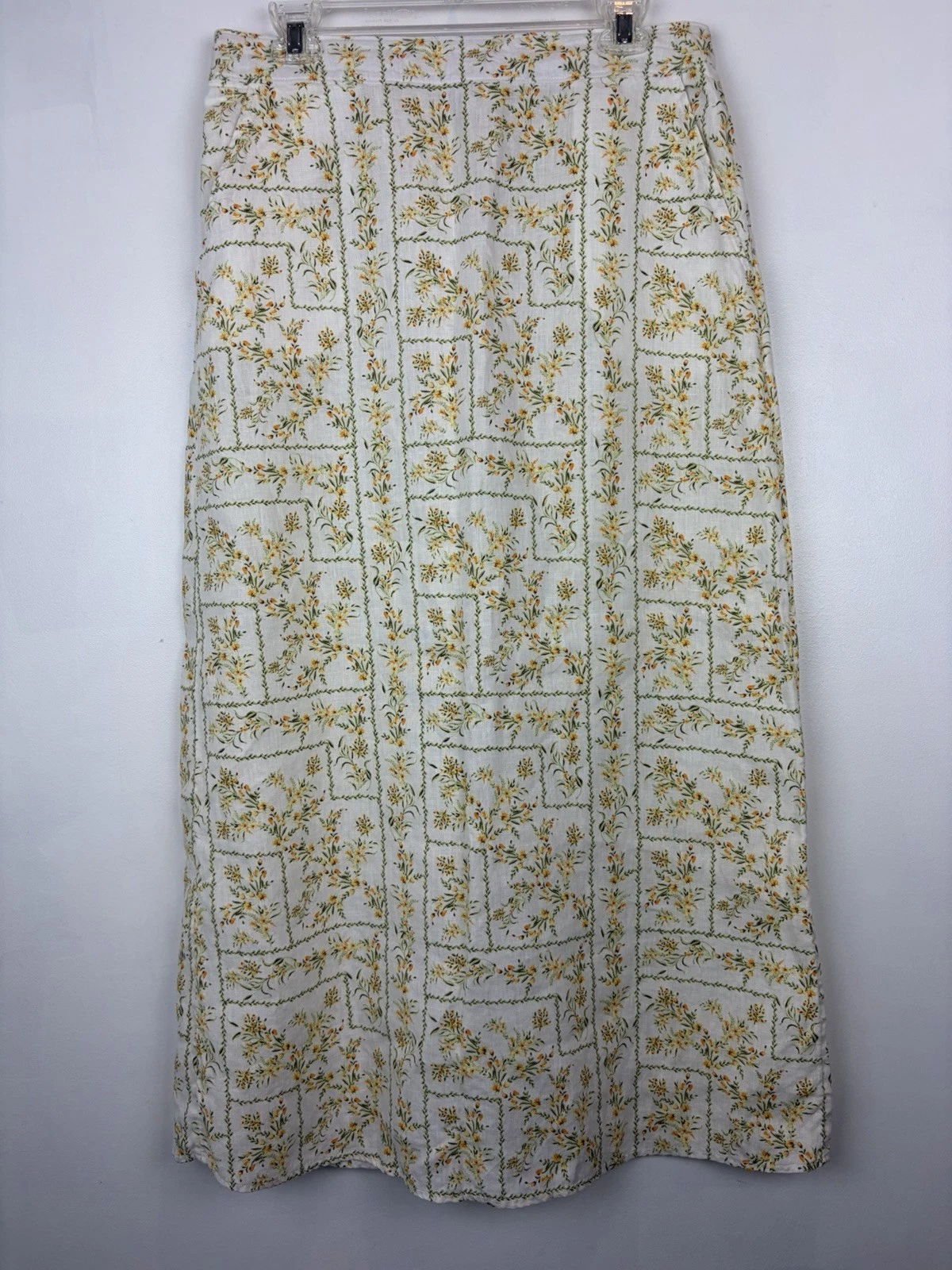 Joie 100% Linen Floral Maxi Skirt Women Large Pockets Yellow Cottagecore Prairie