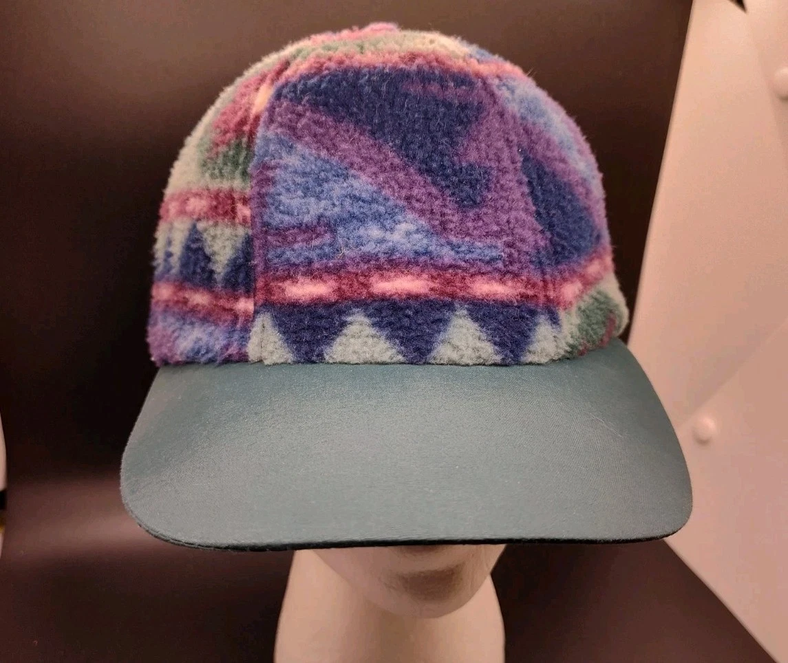 Vtg Columbia Fleece Cap Aztec Made In USA Camp Outdoor Winter Baseball Hat S/M