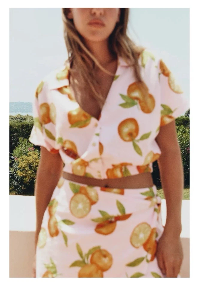 ZARA ORANGE FRUIT PRINT LINEN Co- Ord CROP TOP Or SKiRT SIZE XS S M - Image 3 of 4