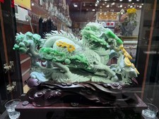 A Pair Natural Jadeite Jade Quartz Carved Kylin Crystal Mineral Reiki +Stand