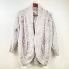 Vintage Womens Cardigan Sz L Wool Rabbit Angora Beaded Oversized Ugly Sweater 