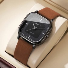 Fashion Square Dial Men'S Watches Minimalist Quartz Watch Casual Leather Strap W