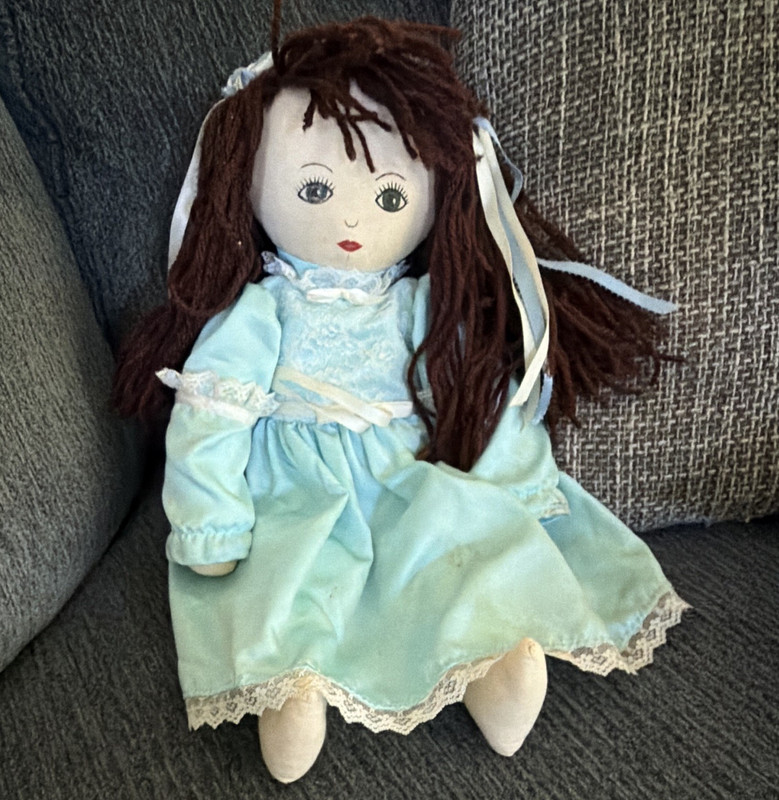Primitive Cloth Rag Girl Doll Brown Straight Yarn Hair Blue Eyes Blue Dress