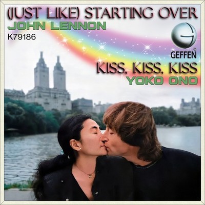 Repro Photo JOHN LENNON Starting Over/Kiss BEATLES GEFFEN 7'' Single Size 18x18cm