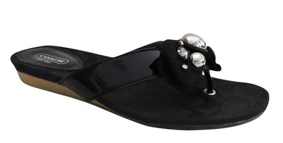 New NIB Coach Sylvia Embellished Crystal Flip Flop Slides Sandal Signature Black
