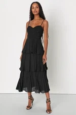 Lulus Cascading Crush Tiered Bustier Midi Dress Black M