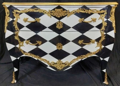 Casa Padrino Barock Kommode mit Karo Design und 2 Schubladen Schwarz Weiß Gold - Bild 1 von 4