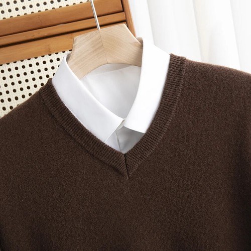 Men Merino Wool V-Neck Autumn Winter Sweater Pullover Cashmere Warm Solid - Picture 2 of 29