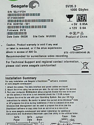 SEAGATE  ST31000340SV  1TB 7200 RPM 32MB Cache SATA 3.0Gb/s Internal Hard DRIVE 