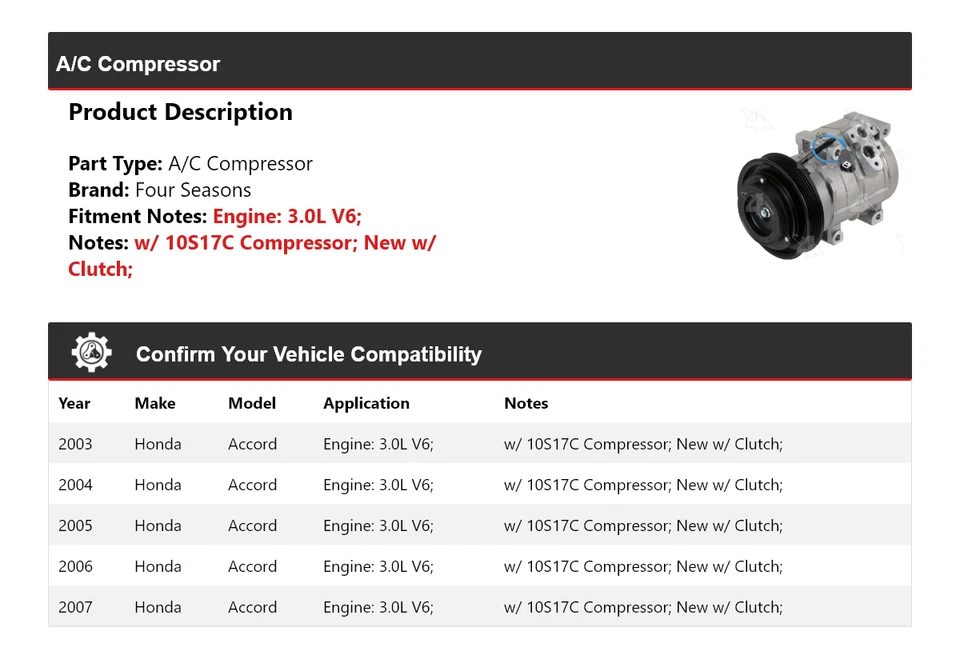 Компрессор кондиционера 4 сезона 2004 2005 2006 для Honda Accord 3,0 л V6 2003-2007 годов выпуска - Изображение 2 из 4