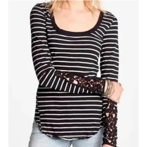 Free People schwarz-weiß gestreift harte Süßigkeiten LS Spitze verziertes Top Gr. L