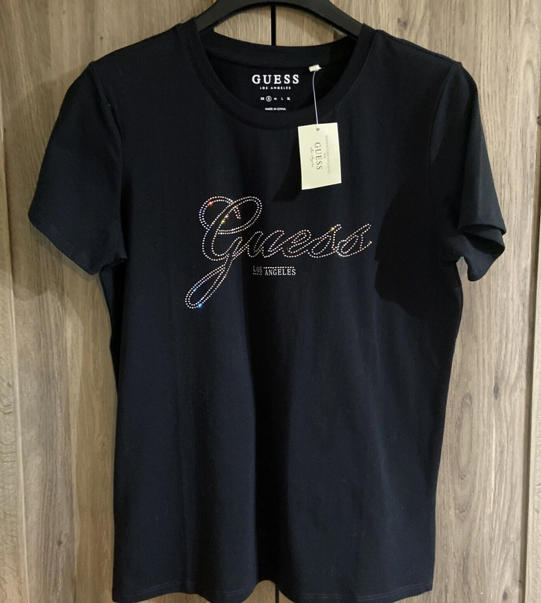 GUESS Women's Rhinestone Embellished Logo T-Shirt Black Size