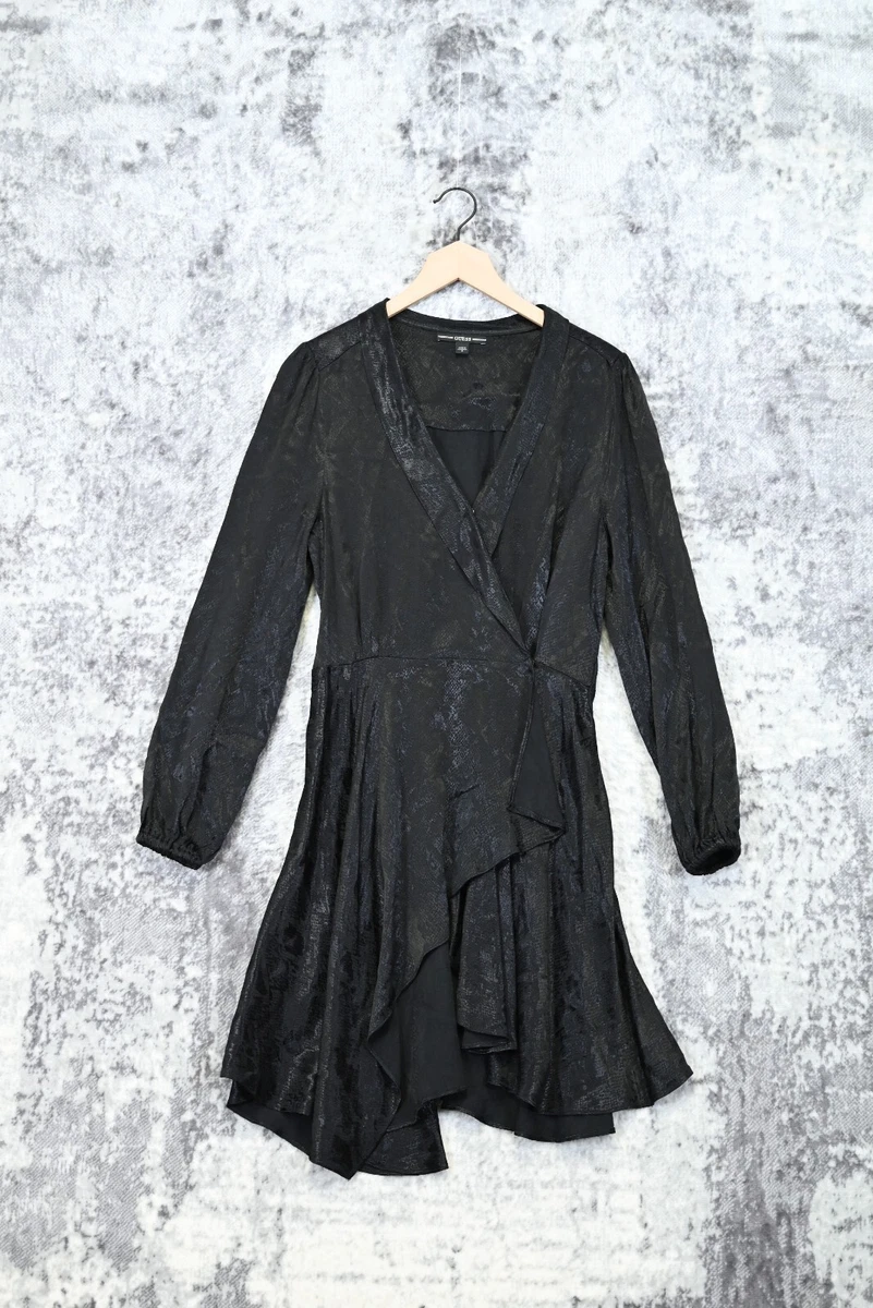 Guess Black Satin Snakeskin Cross Wrap Long Sleeve Dress Size S