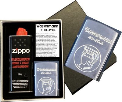 ZiPPO WASSERMANN Sternzeichen  + WUNSCH GRAVUR + MIT oder OHNE Geschenk Set