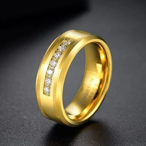 Anillos de boda de circonita cúbica de 8 mm para hombre enchapados en oro de tungsteno cómodos Foto 3 de 4