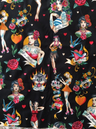 Pin up Tattoo Don’t Gamble With Love Fabric Alexander Henry Rockabilly Black Yd - Picture 3 of 12