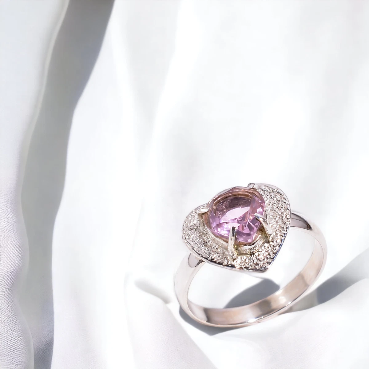 Anello Quadrato In Kunzite Rosa Con Topazio – Regolabile, Placcato Platino, Fatto A Mano