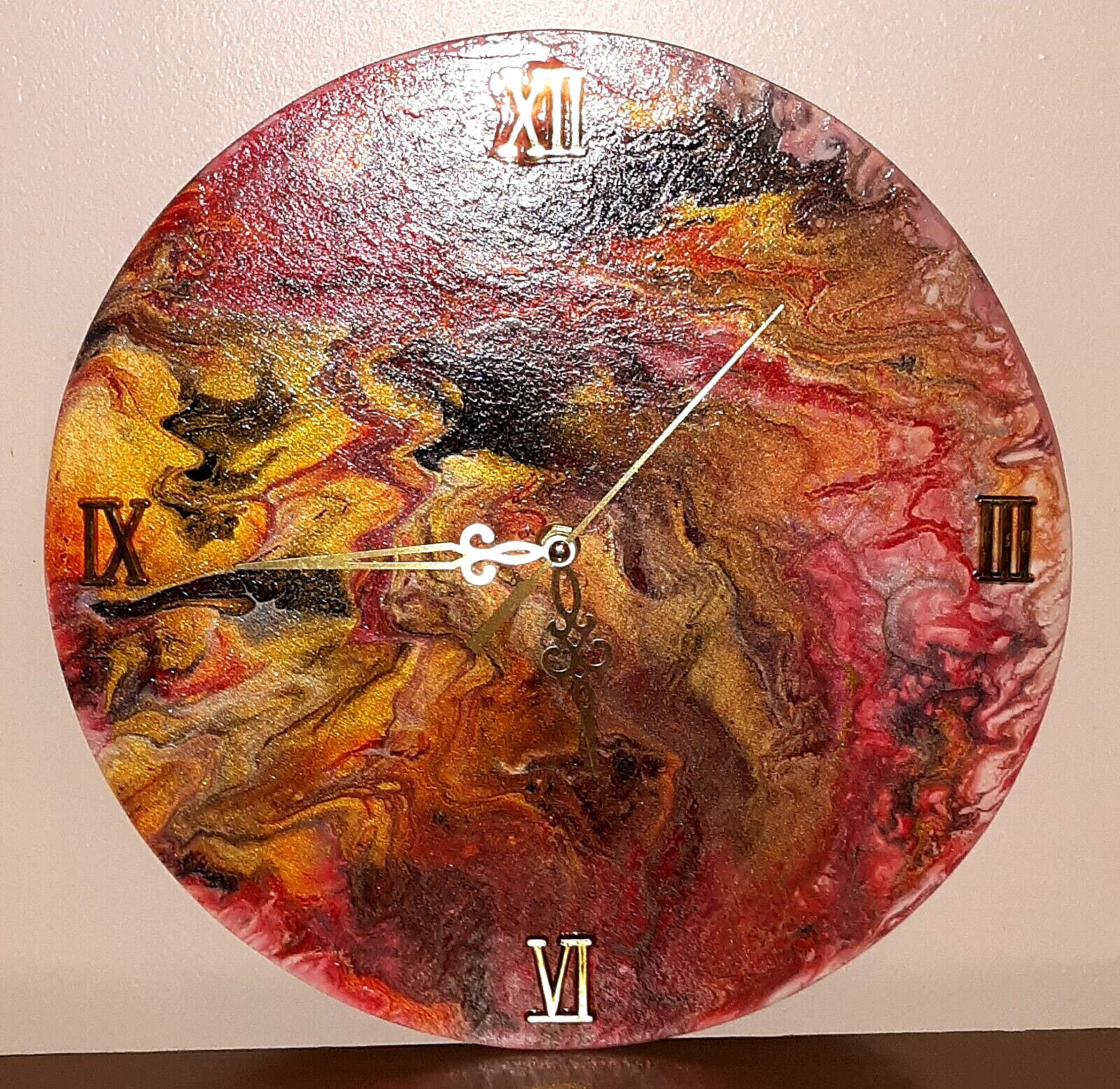 12" Round Red Gold Wall Clock Wood Painted Quiet Battery Artisan Crafted Signed