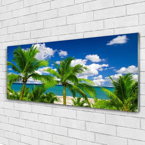 Tableau Verre Acrylique Paysage Plage - 125x50 Cm - Palmiers, Mer, Sable - Marque Tulup - Neuf