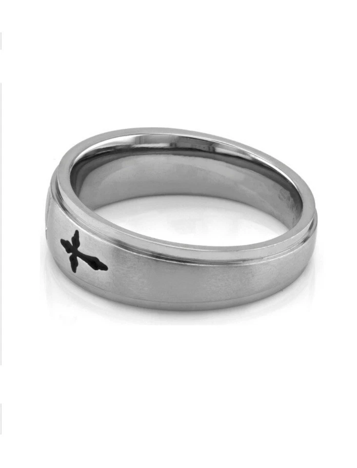 男式白色钻石口音不锈钢十字戒指 10 码 — 第 3/4 张图片