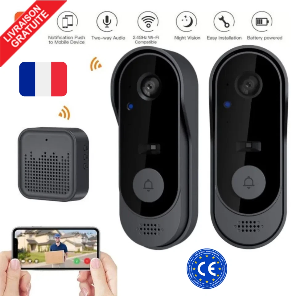 Sonnette Caméra Sans Fil Vidéo HD Porte Maison Alarme Etanche Electronique Nuit