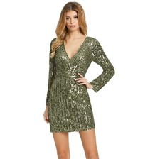 Mac Duggal Long Sleeve Sequined Mini Dress Olive Womens Size 4 NWT