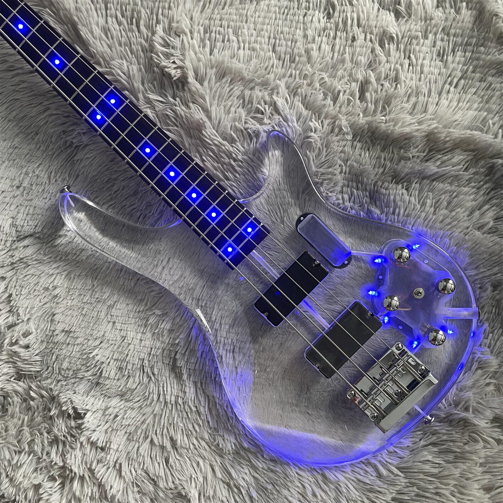 4 String Blue LED Light Electric Bass Guitar Solid Acrylic Body Chrome Hardware