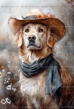 GOLDEN RETRIEVER WESTERN HAT ART PRINT, Dog Poster, Puppy Floral Home Decor E173