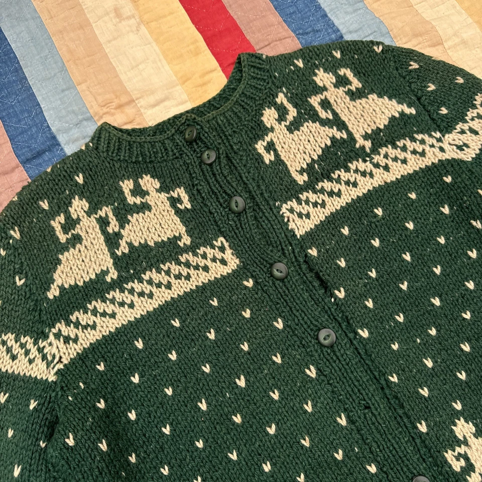 Vintage 1930s Green & White Wool Knit Sweater Cardigan Dancing People Figural - Image 3 of 4