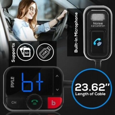 cigarette lighter bluetooth device Pyle FM Transmitter - Universal Wireless Car Bluetooth Adapter, Music Audio Stereo Radio Receiver w/Mic, Handsfree Calling, Siri/Google Asst, USB, SD Card Slot 2 USB Type Cigarette Lighter Car Phone Music