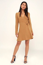 Lulus Amara Linen Blend Long Sleeve V-Neck Side Tie Wrap Mini Dress in Camel M