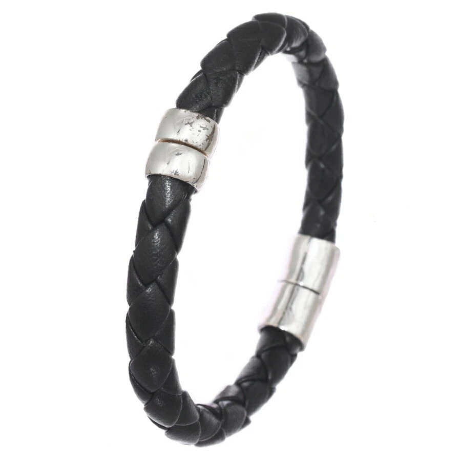 BOTTEGA VENETA Braccialetto Intrecciato Argento 925 Pelle Nero