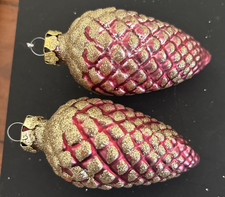 Lot 2 Christmas Burgandy Frosted Sugar Snow Pinecone Glass Ornament
