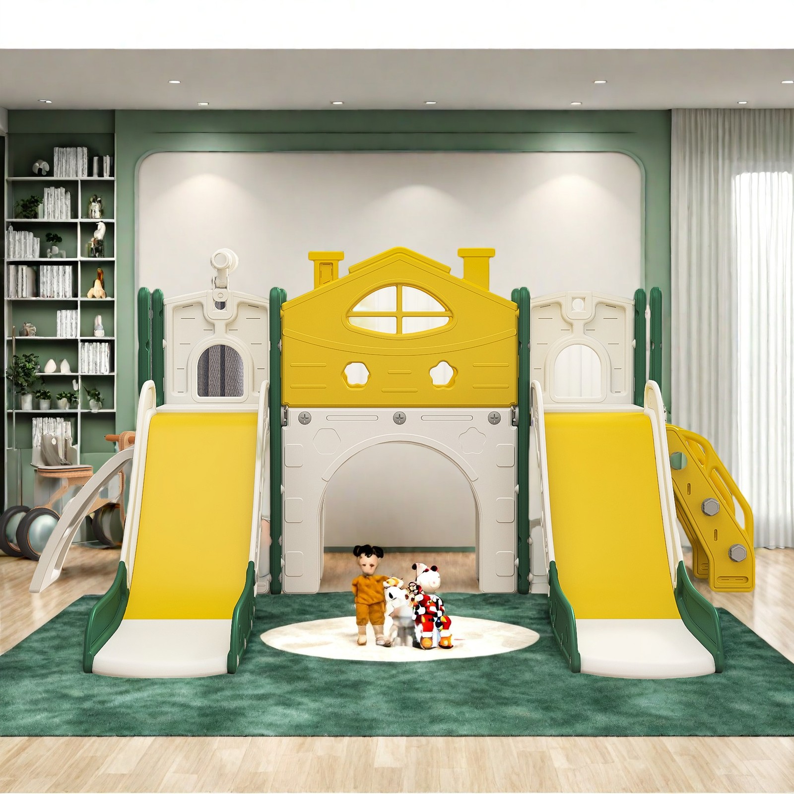 7-in-1 Klettergerüst Outdoor&Indoor Kinder Doppelt Rutsche,Spielplatz für Garten
