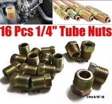 16 x Standard SAE Inverted Flare Brake Line Fittings Nuts Assortment 1/4 Kit Set