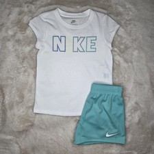 Nike Short Sleeve Tee Shorts 2 Piece Set Outfit White/Teal Girls Size 6X NWT