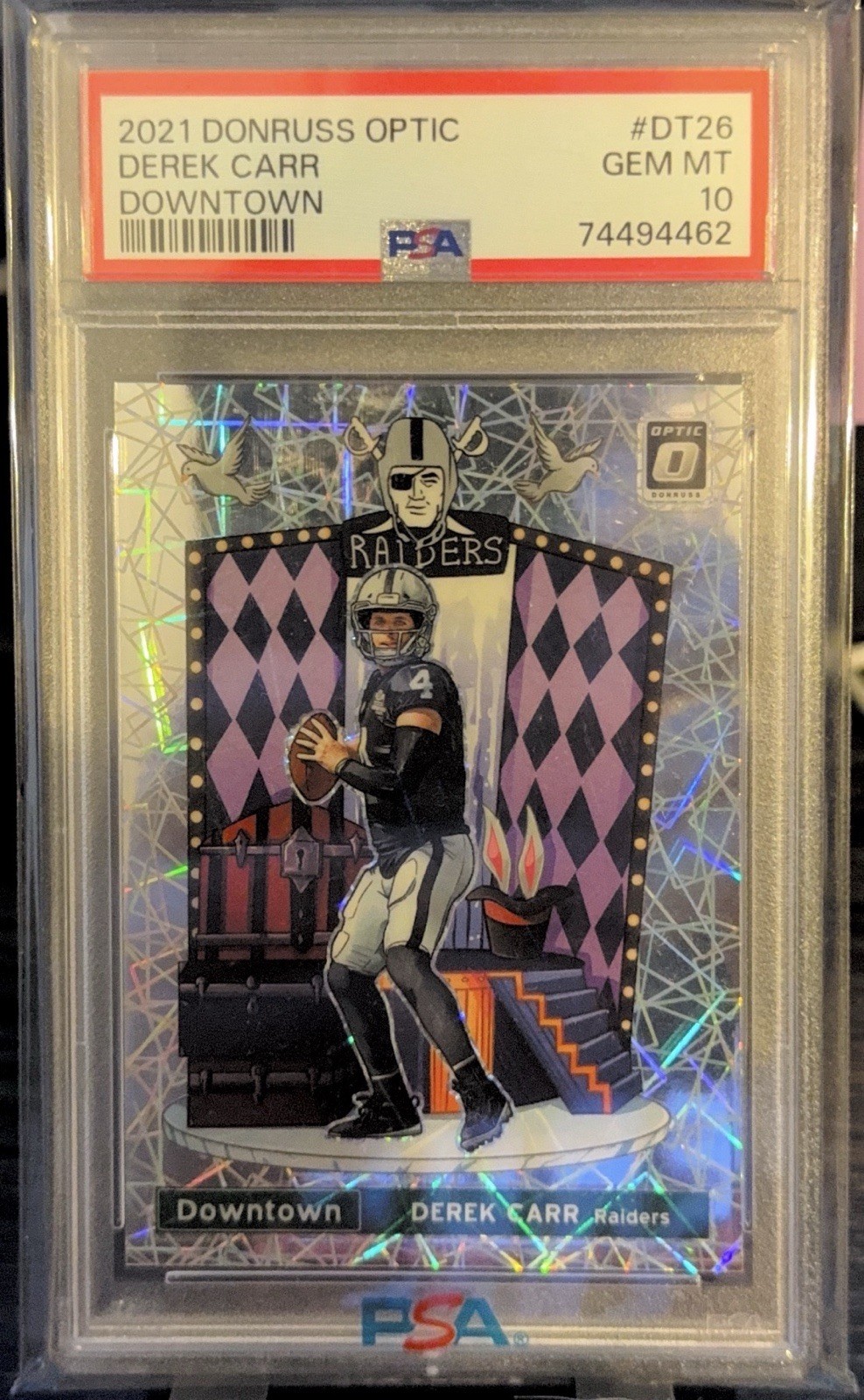 DEREK CARR 2021 OPTIC DOWNTOWN CASE HIT SSP PSA 10