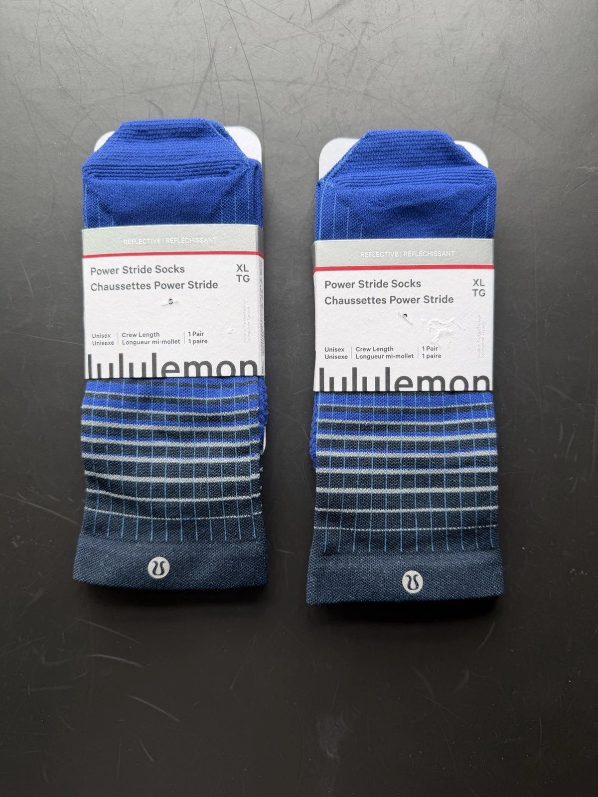 NWT 2 Pairs Lululemon Power Stride Crew Socks Navy Blk Reflective Sz XL Mens