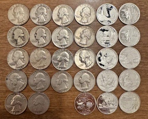 29 Washington Quarters 90% Silver Lot Pre-65 plus silver state proofs below melt