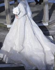 Long Sleeve Lace Ball Gown Wedding Dress High Neck Full-Length White