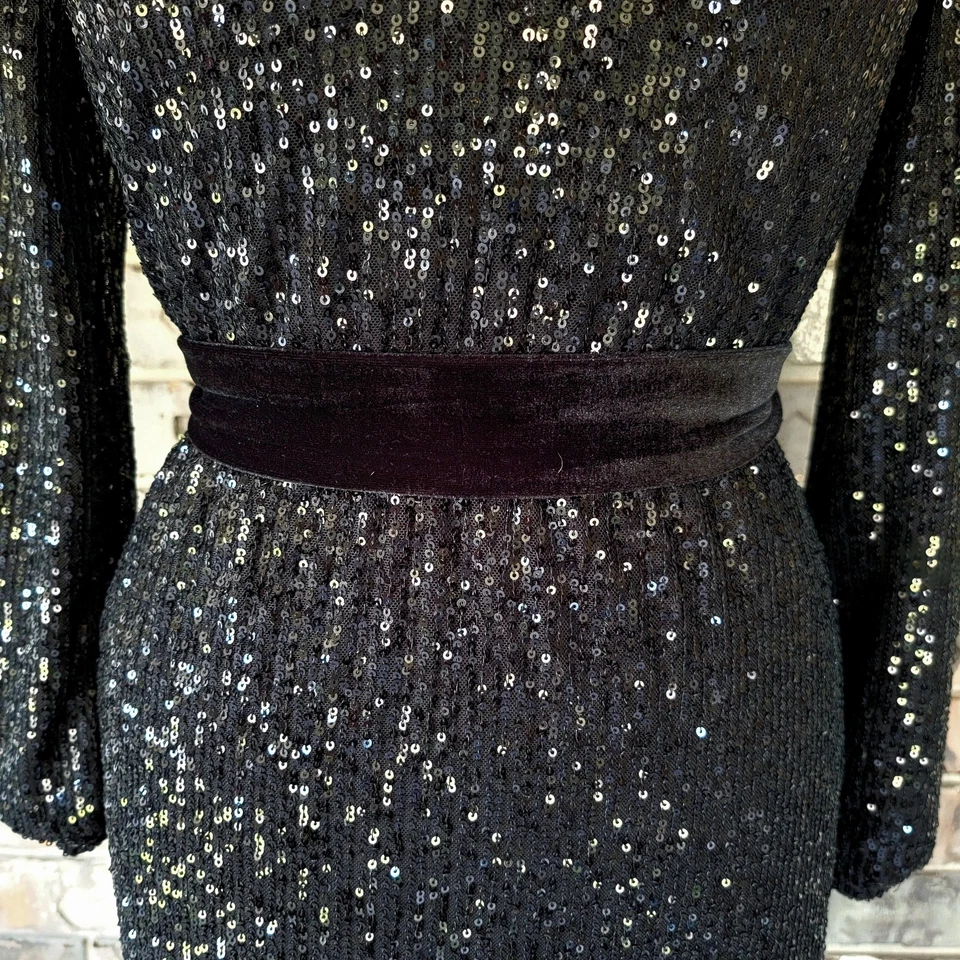 Betsey Johnson Dress Womens Medium Black Sequin Velvet Sash Long Sleeve Midi - Image 3 of 4